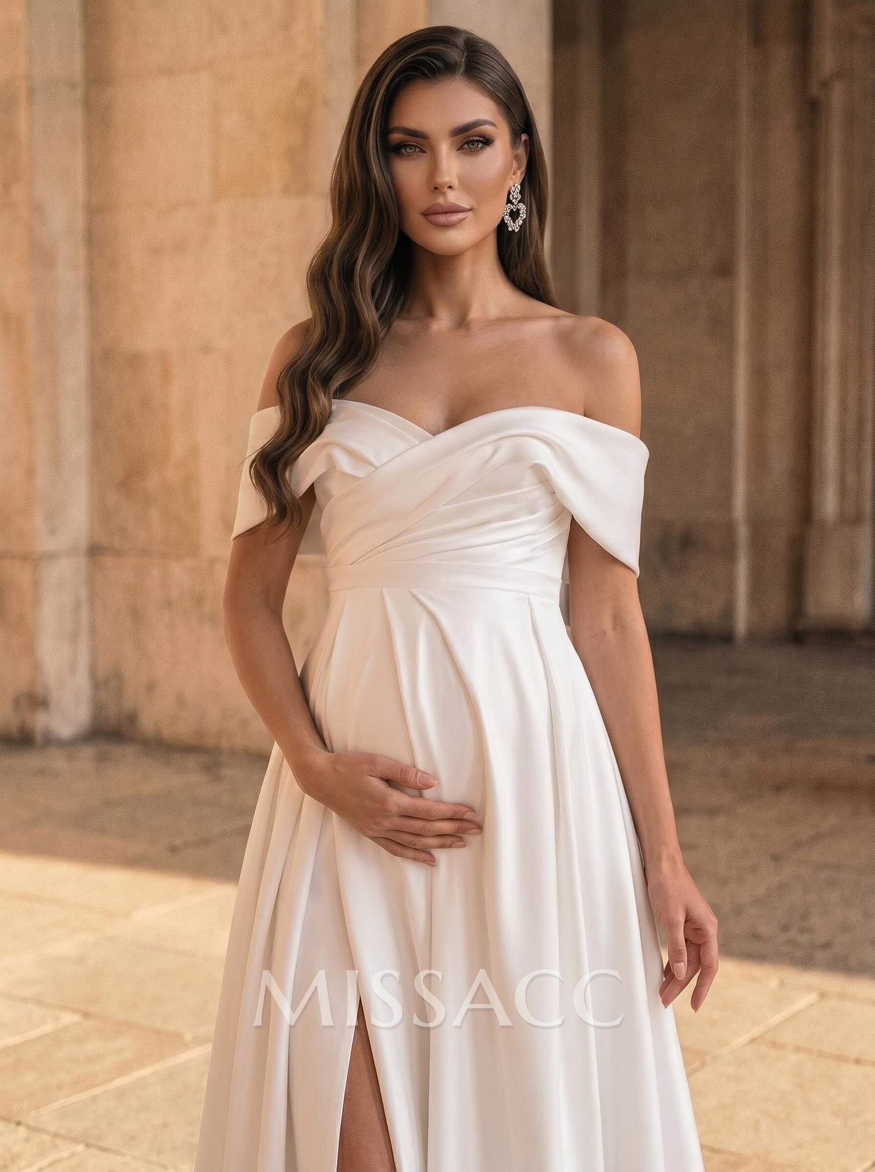 A-Line Off-The-Shoulder Sleeveless Floor-Length Satin Maternity Wedding Dresses With Bow(s)/High Split