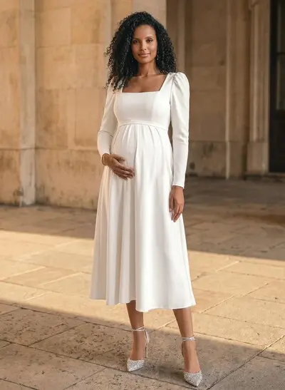 A-Line Square Neckline Long Sleeves Tea-Length Elastic Satin Maternity Wedding Dresses