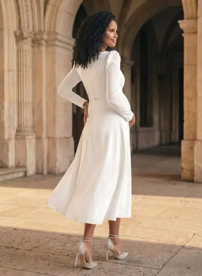A-Line Square Neckline Long Sleeves Tea-Length Elastic Satin Maternity Wedding Dresses