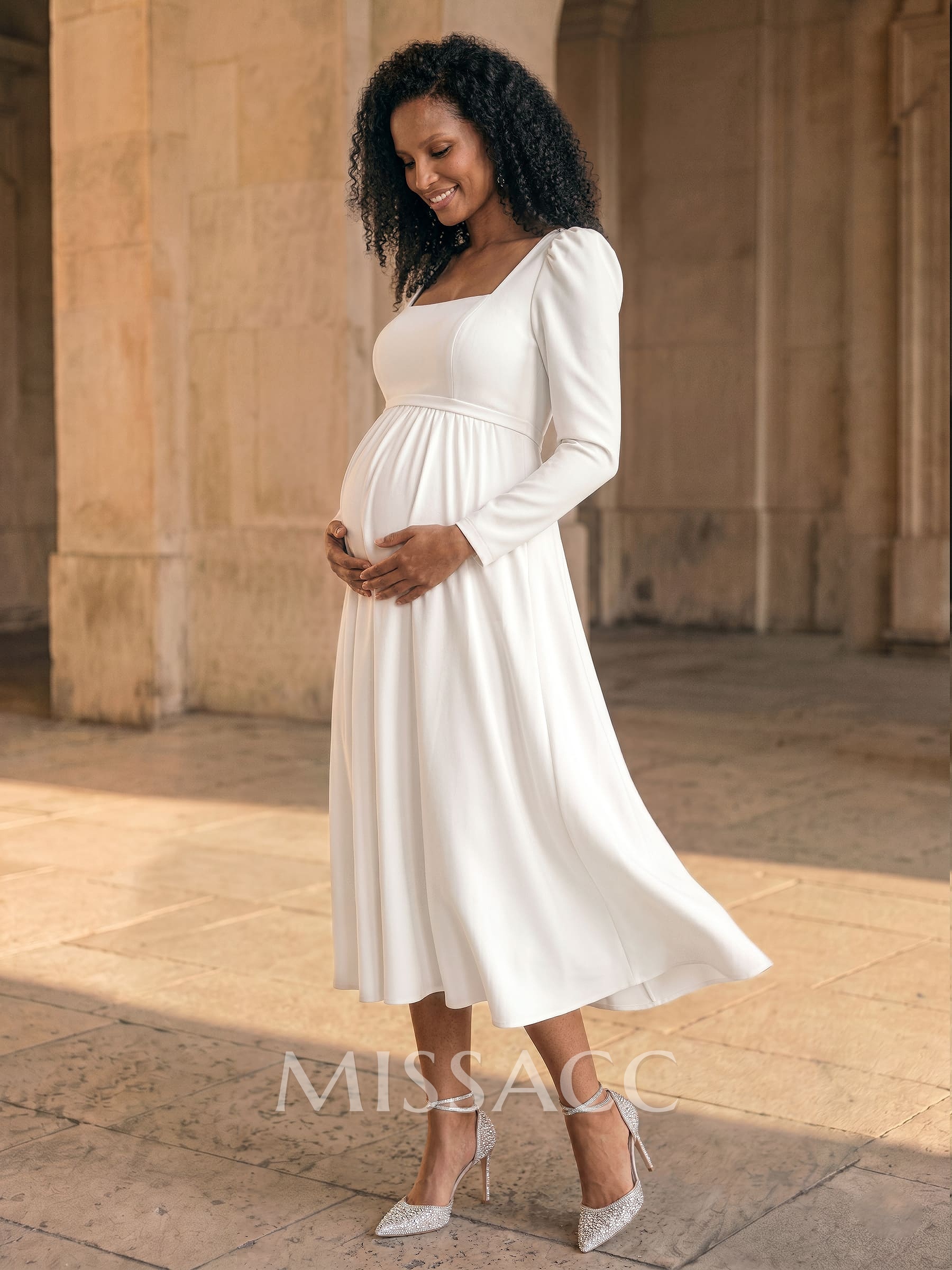 A-Line Square Neckline Long Sleeves Tea-Length Elastic Satin Maternity Wedding Dresses