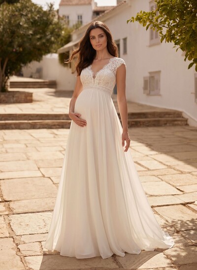 A-Line V-Neck Floor-Length Chiffon/Lace Maternity Wedding Dresses With Appliques Lace