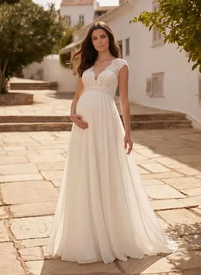 A-Line V-Neck Cape Sleeves Floor-Length Chiffon/Lace Wedding Dresses With Appliques Lace