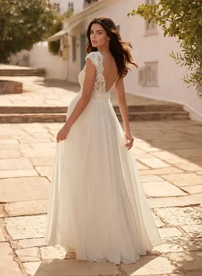 A-Line V-Neck Cape Sleeves Floor-Length Chiffon/Lace Wedding Dresses With Appliques Lace