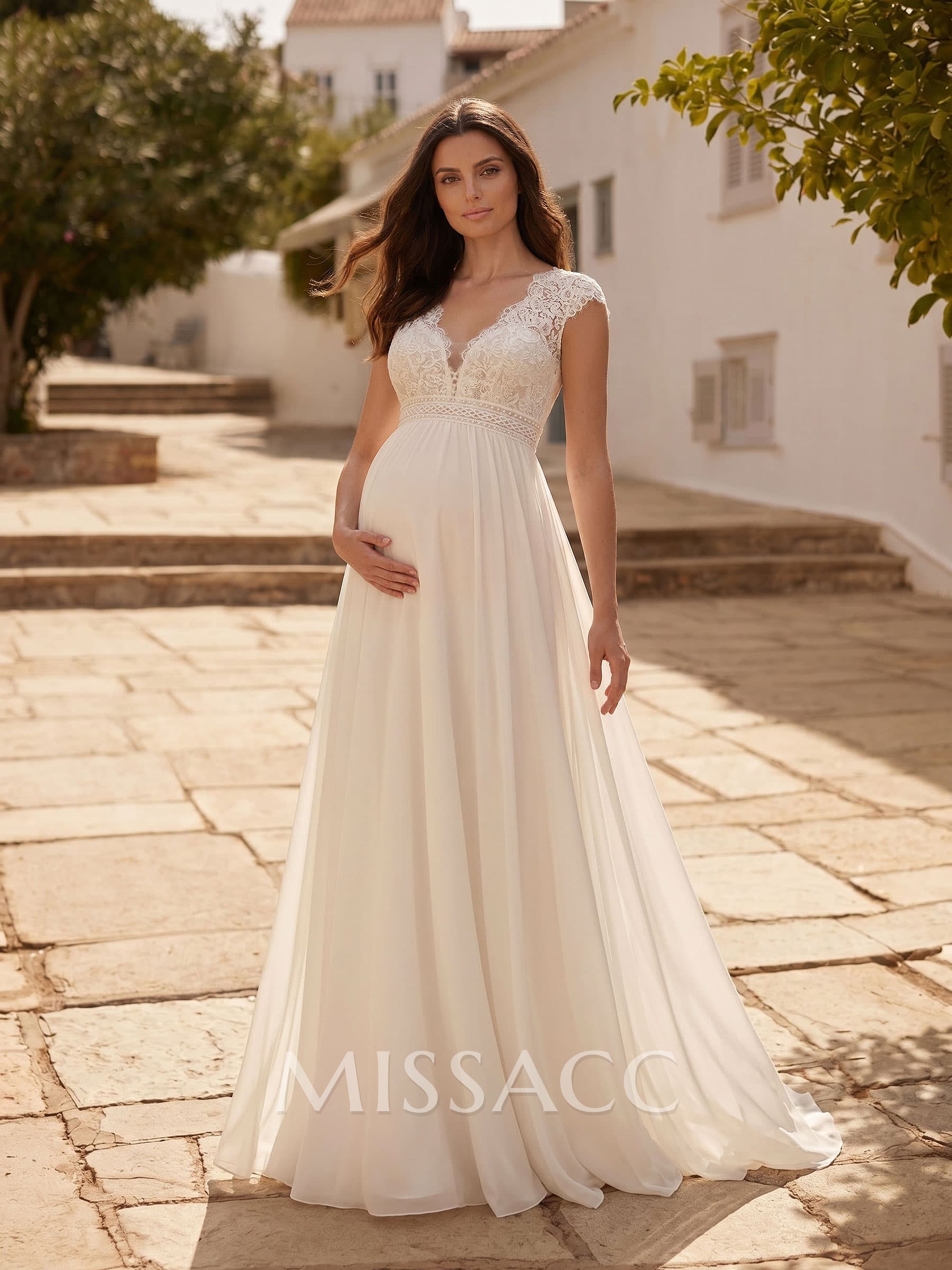 A-Line V-Neck Floor-Length Chiffon/Lace Maternity Wedding Dresses With Appliques Lace