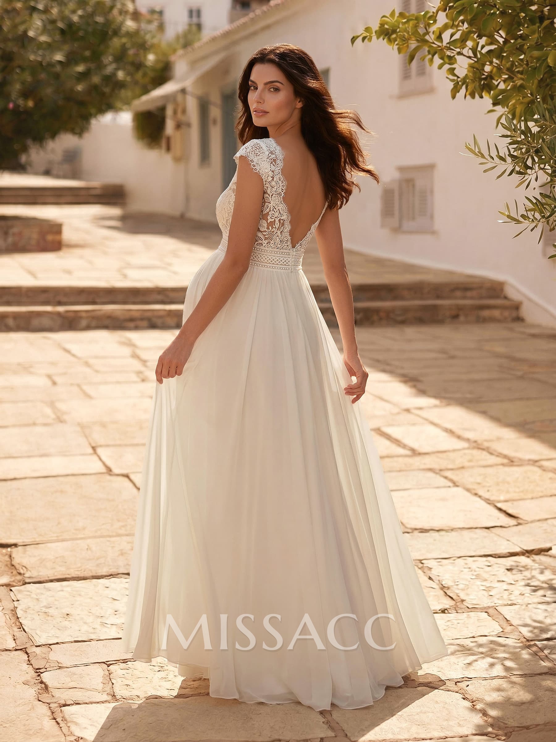 A-Line V-Neck Floor-Length Chiffon/Lace Maternity Wedding Dresses With Appliques Lace