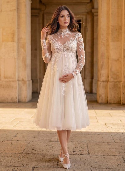 A-Line High Neck Long Sleeves Tea-Length Lace/Tulle Maternity Wedding Dresses With Appliques Lace
