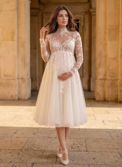 A-Line High Neck Long Sleeves Tea-Length Lace/Tulle Maternity Wedding Dresses With Appliques Lace