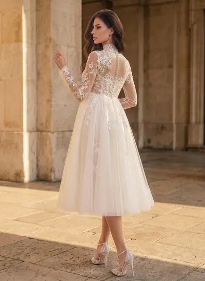 A-Line High Neck Long Sleeves Tea-Length Lace/Tulle Maternity Wedding Dresses With Appliques Lace