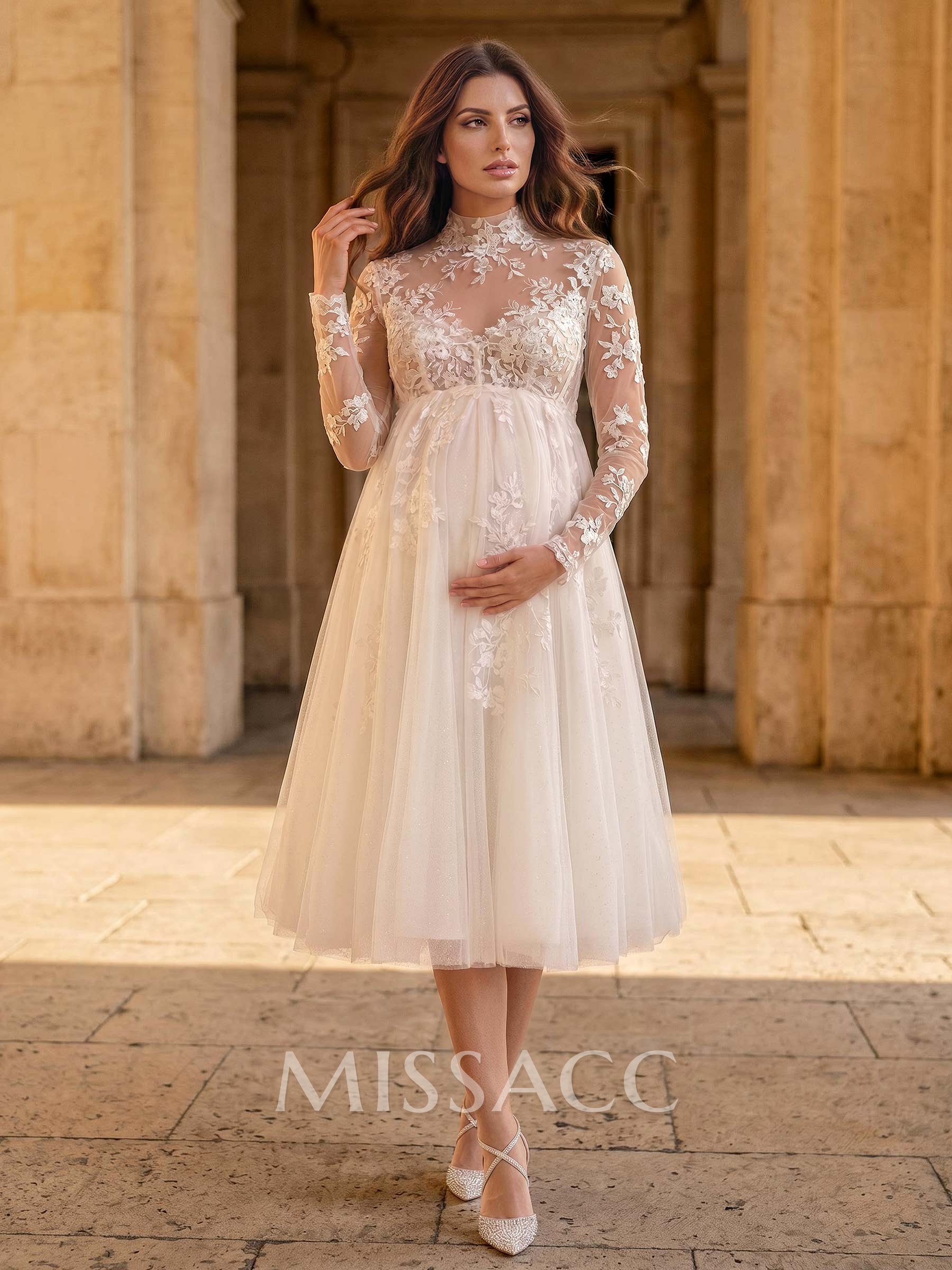 A-Line High Neck Long Sleeves Tea-Length Lace/Tulle Maternity Wedding Dresses With Appliques Lace