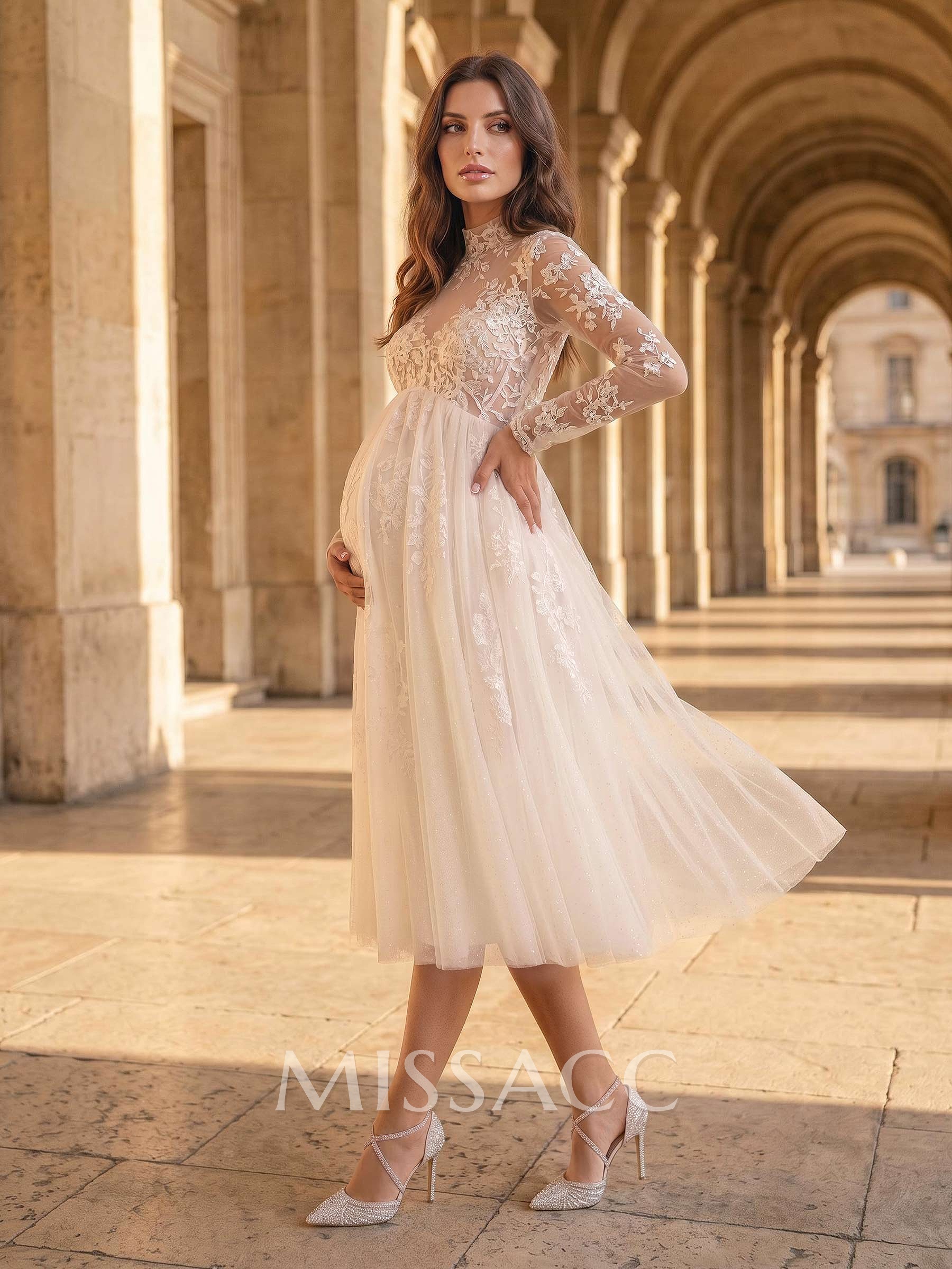 A-Line High Neck Long Sleeves Tea-Length Lace/Tulle Maternity Wedding Dresses With Appliques Lace