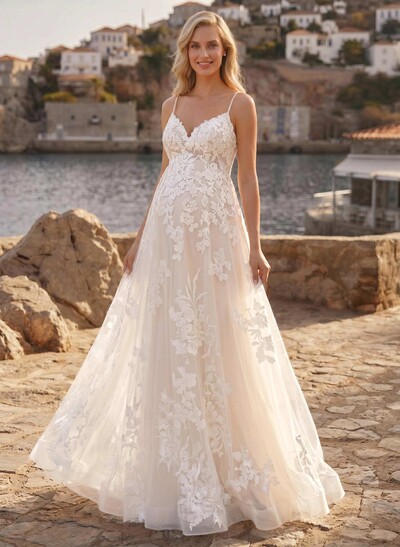 A-Line Sweetheart Sleeveless Floor-Length Lace/Tulle Maternity Wedding Dresses With Appliques Lace