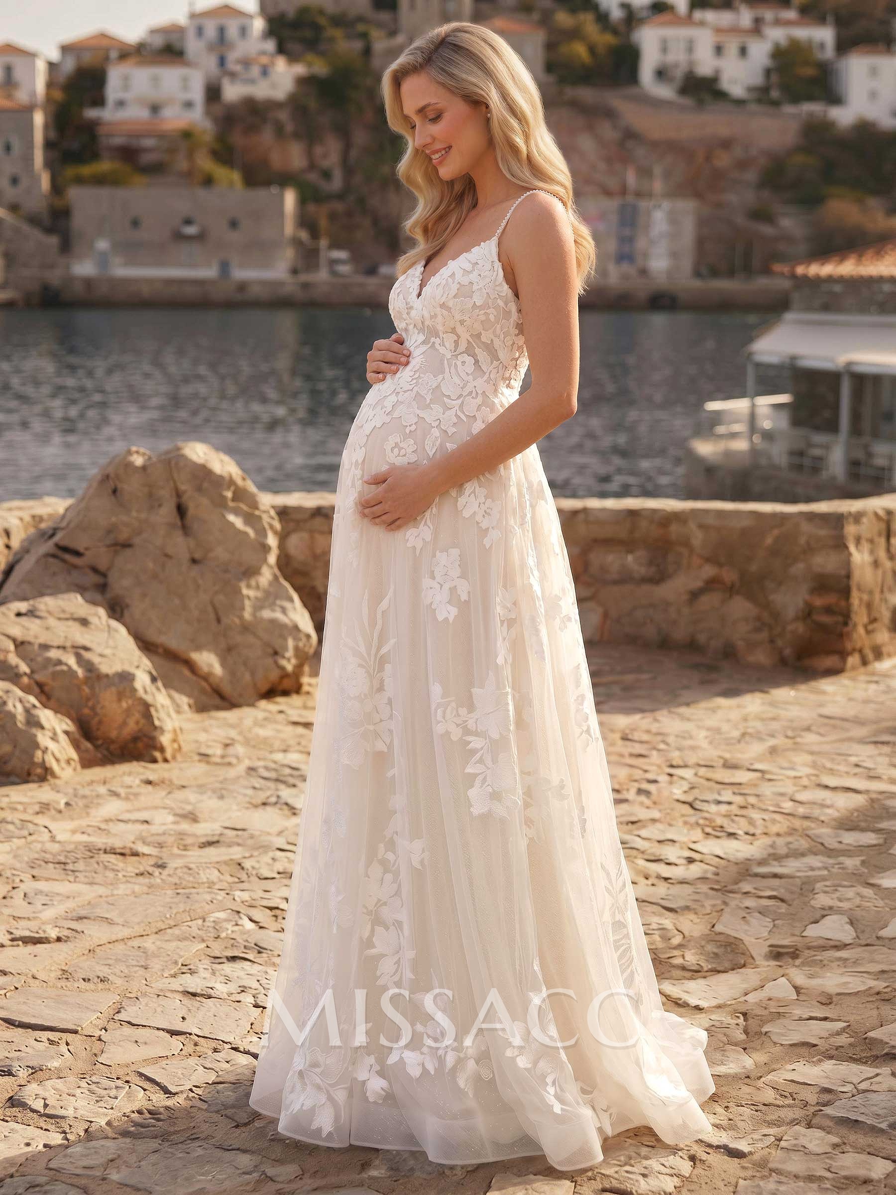 A-Line Sweetheart Sleeveless Floor-Length Lace/Tulle Maternity Wedding Dresses With Appliques Lace