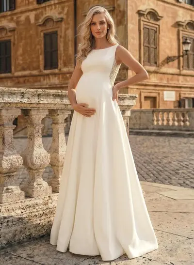 A-Line Scoop Neck Sleeveless Floor-Length Lace/Satin Maternity Wedding Dresses With Appliques Lace