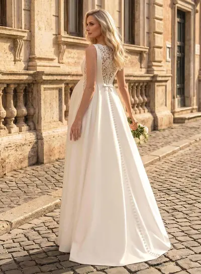 A-Line Scoop Neck Sleeveless Floor-Length Lace/Satin Maternity Wedding Dresses With Appliques Lace