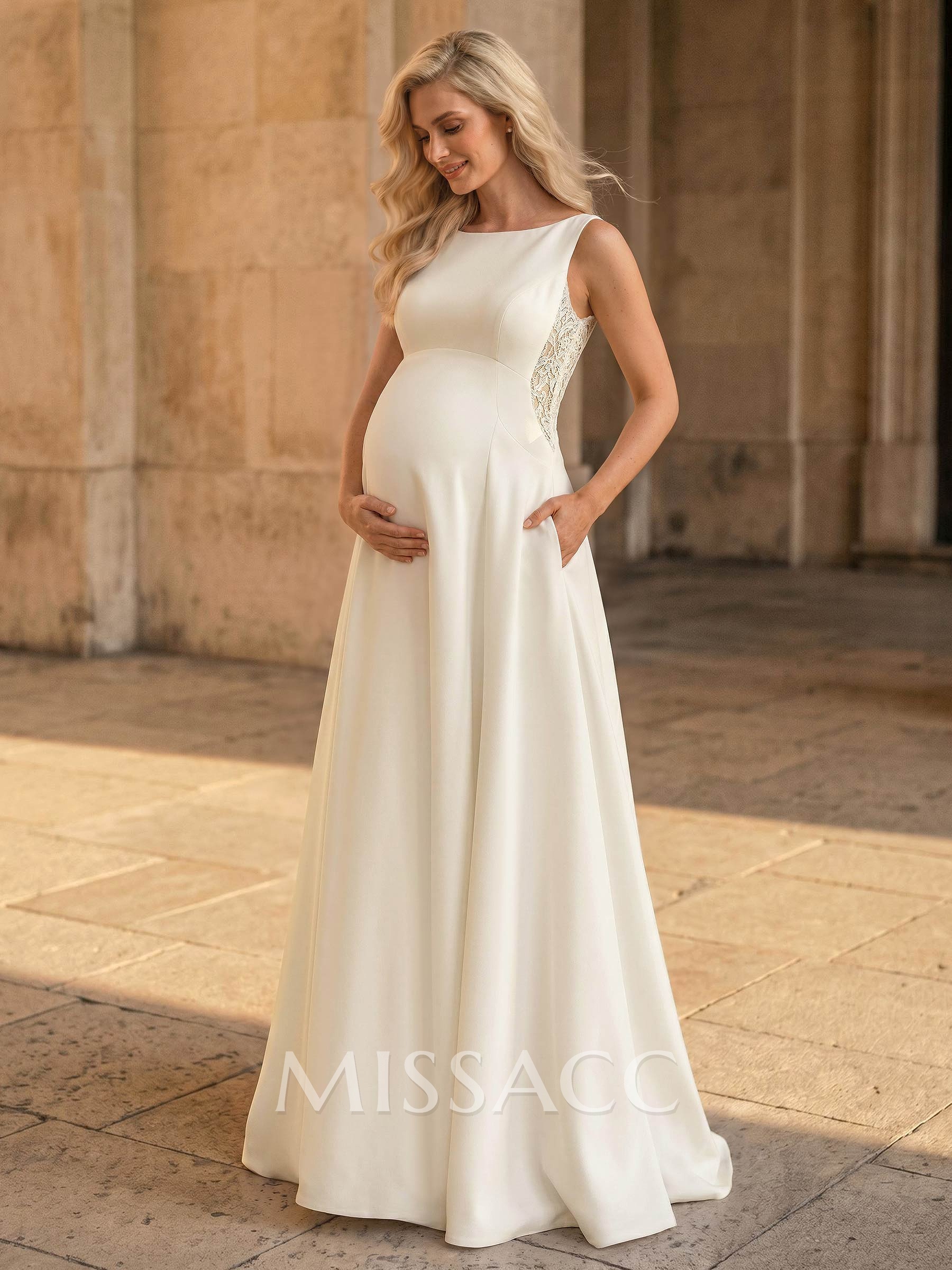 A-Line Scoop Neck Sleeveless Floor-Length Lace/Satin Maternity Wedding Dresses With Appliques Lace
