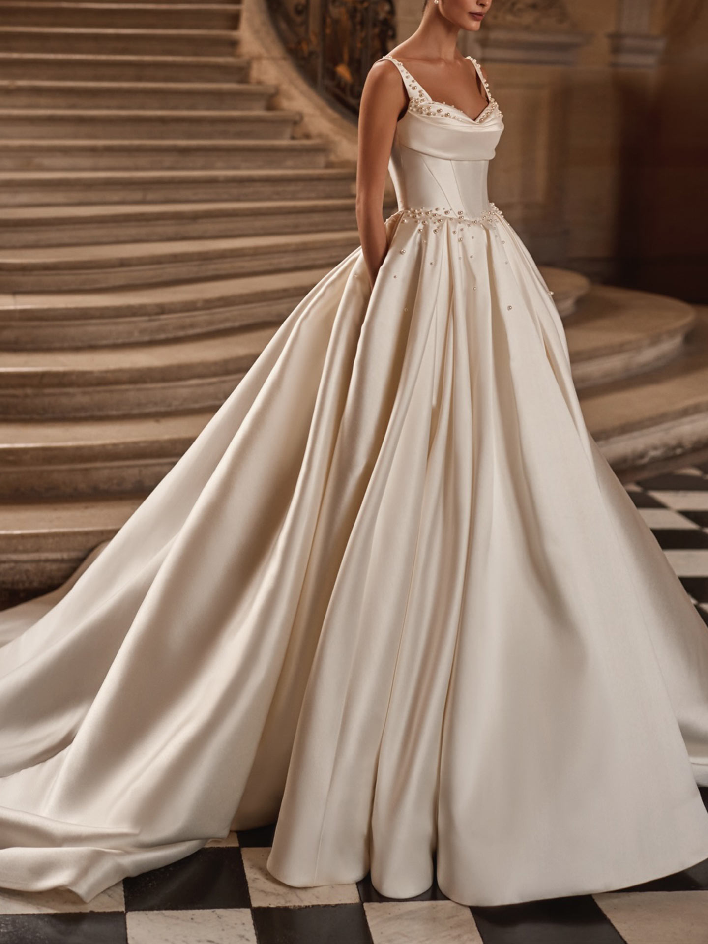 Ball-Gown V-Neck Sleeveless Cathedral Matte Satin Wedding Dresses With Beading
