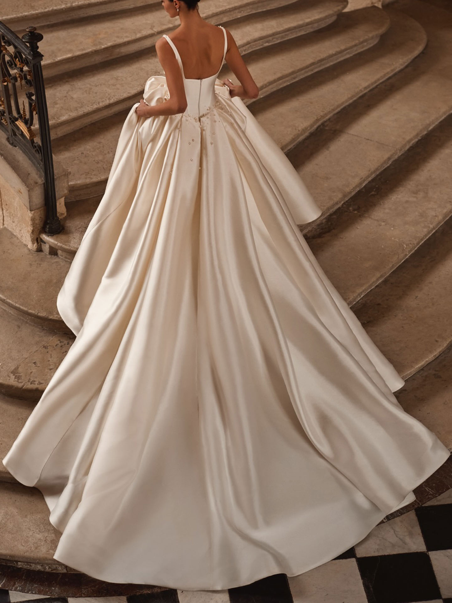 Ball-Gown V-Neck Sleeveless Cathedral Matte Satin Wedding Dresses With Beading