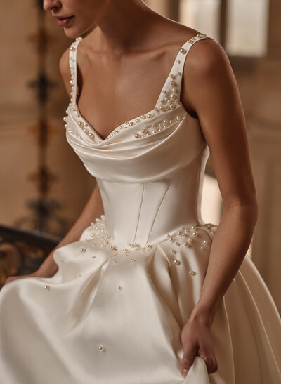 Ball-Gown V-Neck Sleeveless Cathedral Matte Satin Wedding Dresses With Beading