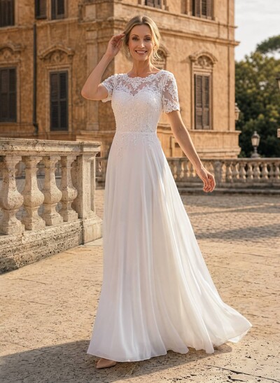 A-Line Scoop Neck Short Sleeves Floor-Length Chiffon Bride Wedding Dress With Lace