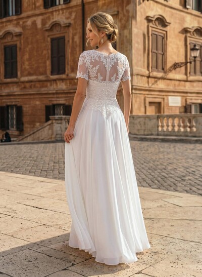 A-Line Scoop Neck Short Sleeves Floor-Length Chiffon Bride Wedding Dress With Lace