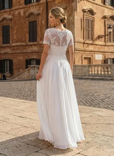 A-Line Scoop Neck Short Sleeves Floor-Length Chiffon Wedding Dress With Lace