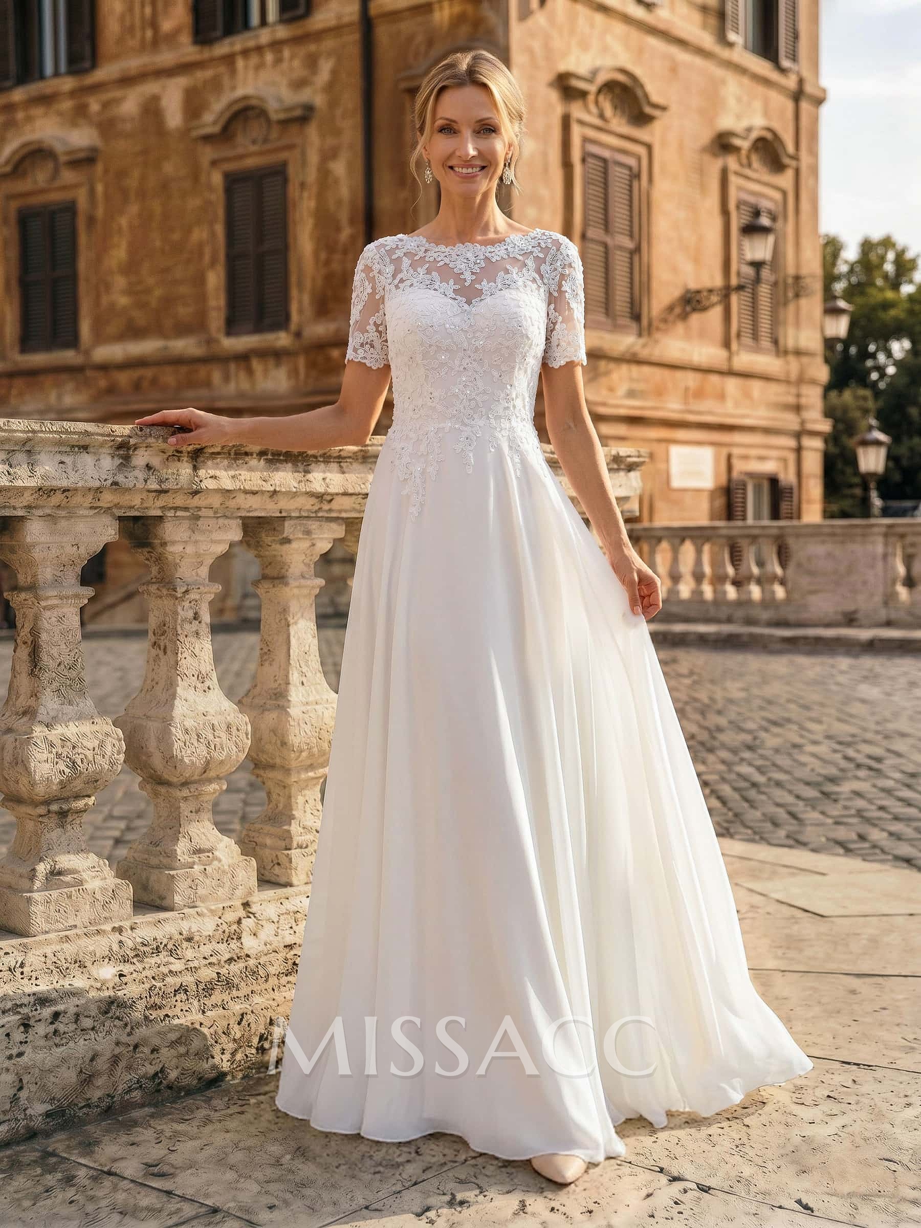 A-Line Scoop Neck Short Sleeves Floor-Length Chiffon Bride Wedding Dress With Lace