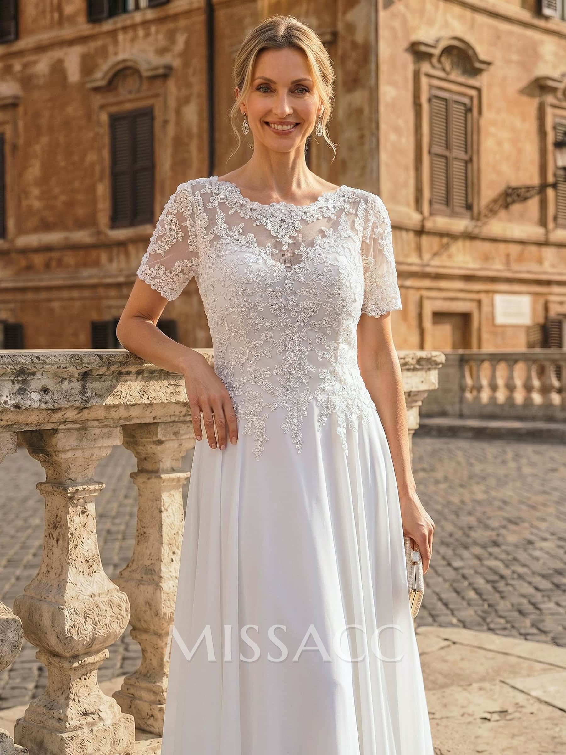 A-Line Scoop Neck Short Sleeves Floor-Length Chiffon Bride Wedding Dress With Lace