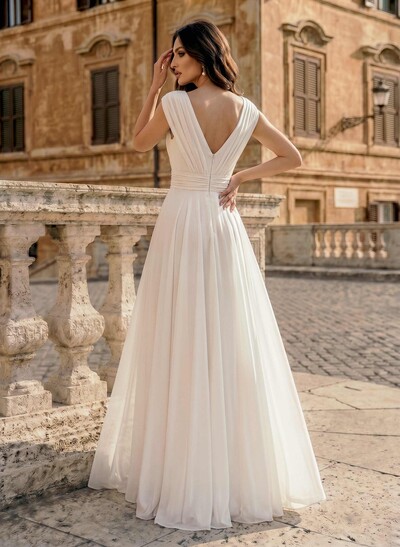 A-Line V-Neck Sleeveless Floor-Length Chiffon Bride Wedding Dress With Split Front/Pleated