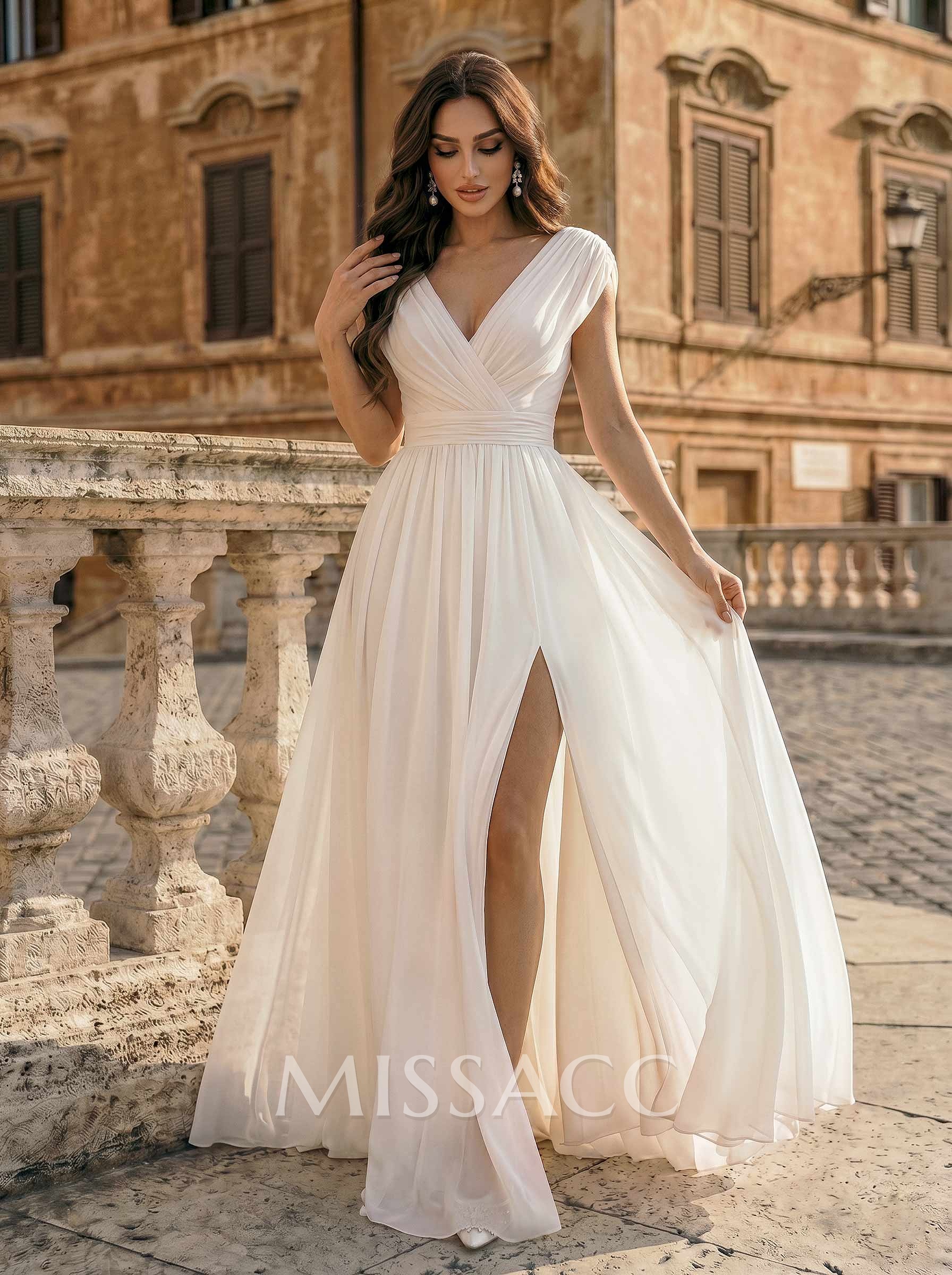 A-Line V-Neck Sleeveless Floor-Length Chiffon Bride Wedding Dress With Split Front/Pleated