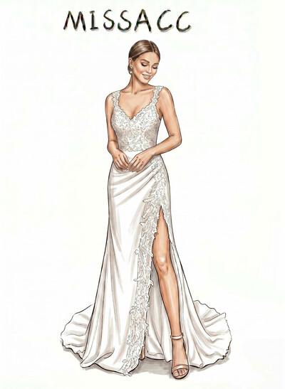 Trumpet/Mermaid V-Neck Sleeveless Sweep Train Matte Satin Wedding Dresses With Split Front/Appliques Lace