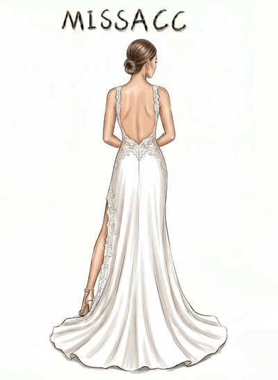 Trumpet/Mermaid V-Neck Sleeveless Sweep Train Matte Satin Wedding Dresses With Split Front/Appliques Lace