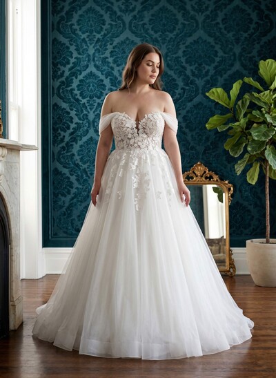 A-Line Sweetheart Sleeveless Floor-Length Tulle Bride Wedding Dress With Appliques Lace