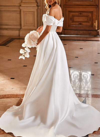A-Line Off-The-Shoulder Sleeveless Chapel Train Matte Satin Wedding Dresses With Split Front/High Split