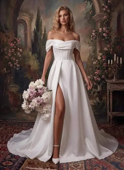 A-Line Off-The-Shoulder Sleeveless Chapel Train Matte Satin Wedding Dresses With Split Front/High Split