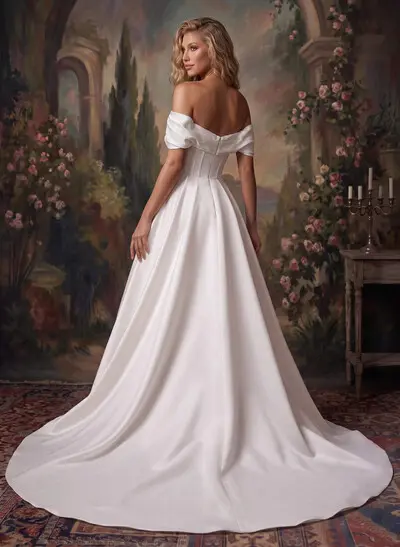 A-Line Off-The-Shoulder Sleeveless Chapel Train Matte Satin Wedding Dresses With Split Front/High Split