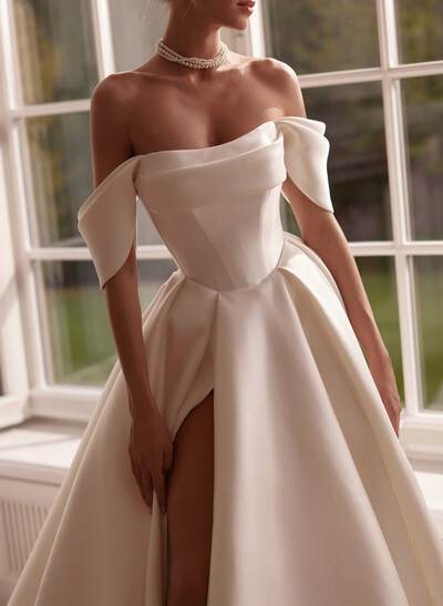 A-Line Off-The-Shoulder Sleeveless Chapel Train Matte Satin Wedding Dresses With High Split
