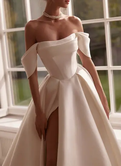 A-Line Off-The-Shoulder Sleeveless Chapel Train Matte Satin Wedding Dresses With High Split