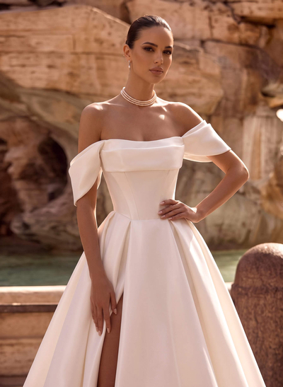 Off-The-Shoulder Sleeveless Matte Satin Ballgown Bridal Dress With Chapel Train And High Split