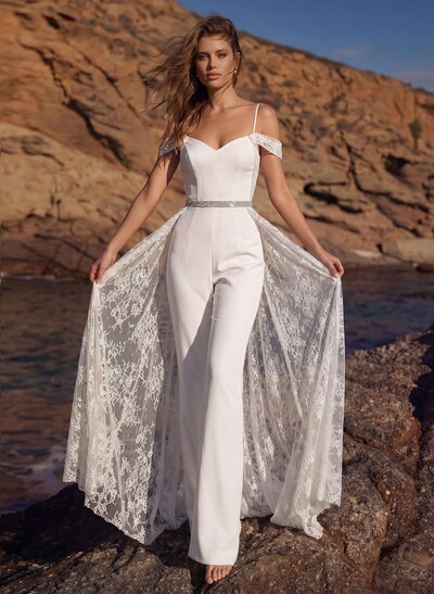 Jumpsuit/Pantsuit V-Neck Sleeveless Floor-Length Lace/Elastic Satin Wedding Dresses With Overskirt Dress
