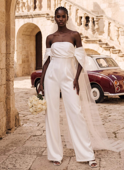 Jumpsuit/Pantsuit Off-The-Shoulder Sleeveless Floor-Length Satin Wedding Dresses