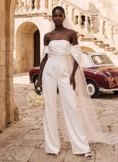 Jumpsuit/Pantsuit Off-The-Shoulder Sleeveless Floor-Length Satin Wedding Dresses