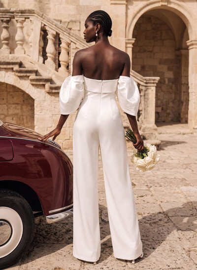 Jumpsuit/Pantsuit Off-The-Shoulder Sleeveless Floor-Length Satin Wedding Dresses