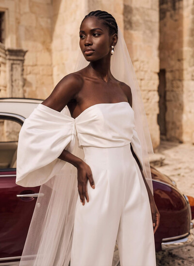 Jumpsuit/Pantsuit Off-The-Shoulder Sleeveless Floor-Length Satin Wedding Dresses