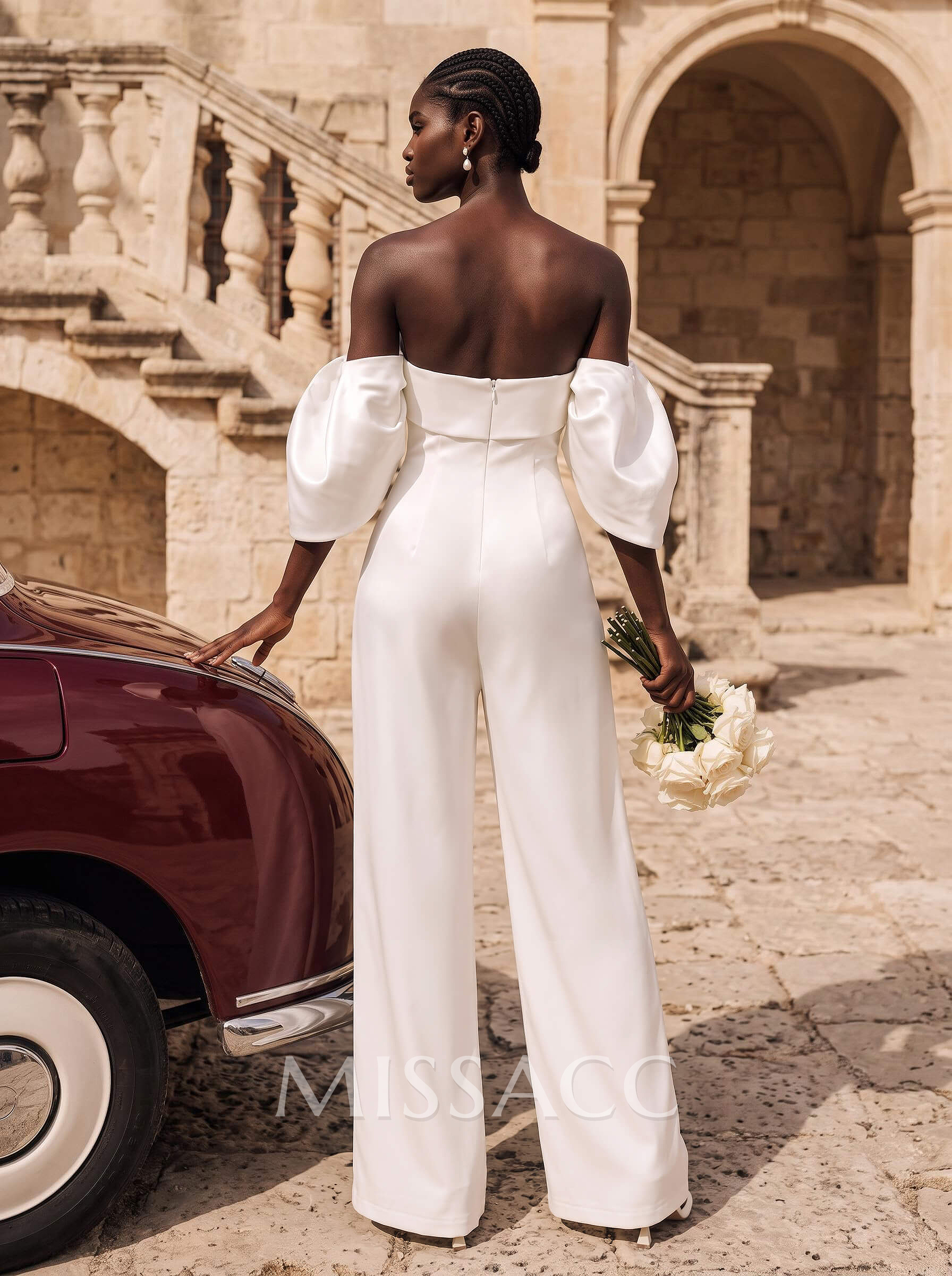 Jumpsuit/Pantsuit Off-The-Shoulder Sleeveless Floor-Length Satin Wedding Dresses