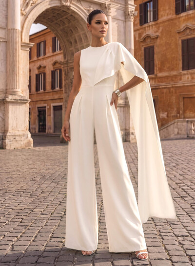 Jumpsuit/Pantsuit Asymmetrical Floor-Length Elastic Satin Wedding Dresses With Sweeping Side Drape
