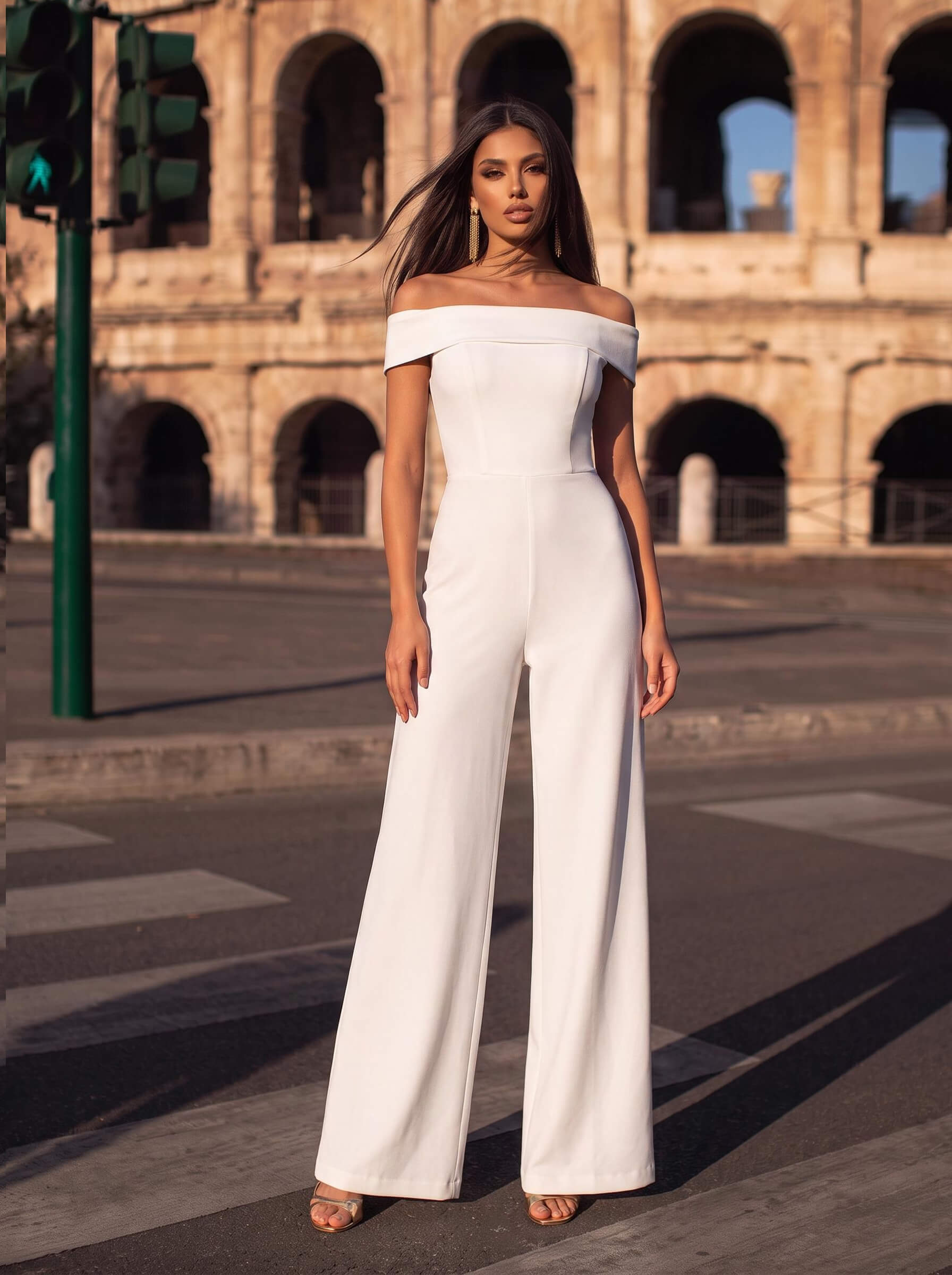 Jumpsuit/Pantsuit Off-The-Shoulder Sleeveless Floor-Length Elastic Satin Wedding Dresses