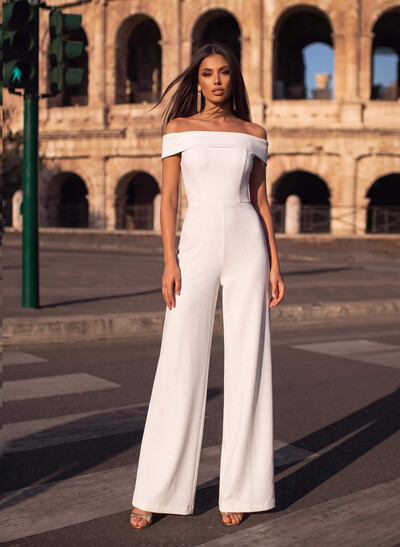 Jumpsuit/Pantsuit Off-The-Shoulder Sleeveless Floor-Length Elastic Satin Wedding Dresses