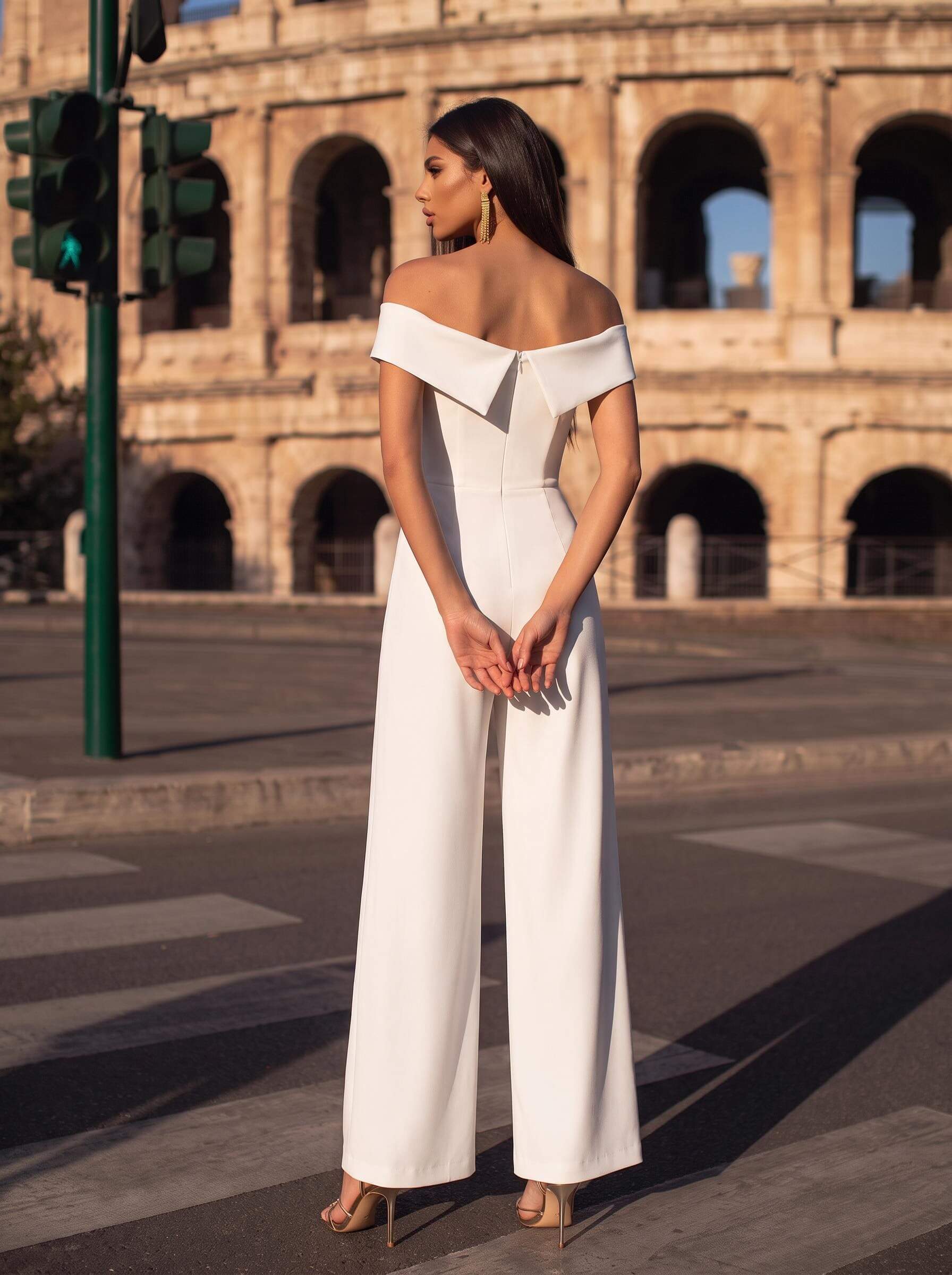 Jumpsuit/Pantsuit Off-The-Shoulder Sleeveless Floor-Length Elastic Satin Wedding Dresses