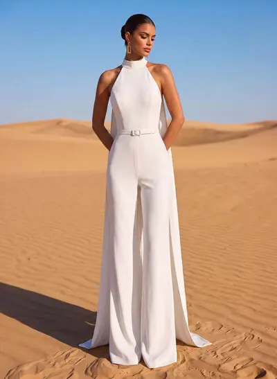 Jumpsuit/Pantsuit Halter Sleeveless Floor-Length Elastic Satin Wedding Dresses With Sash