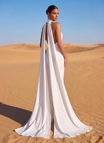Jumpsuit/Pantsuit Halter Sleeveless Floor-Length Elastic Satin Wedding Dresses With Sash